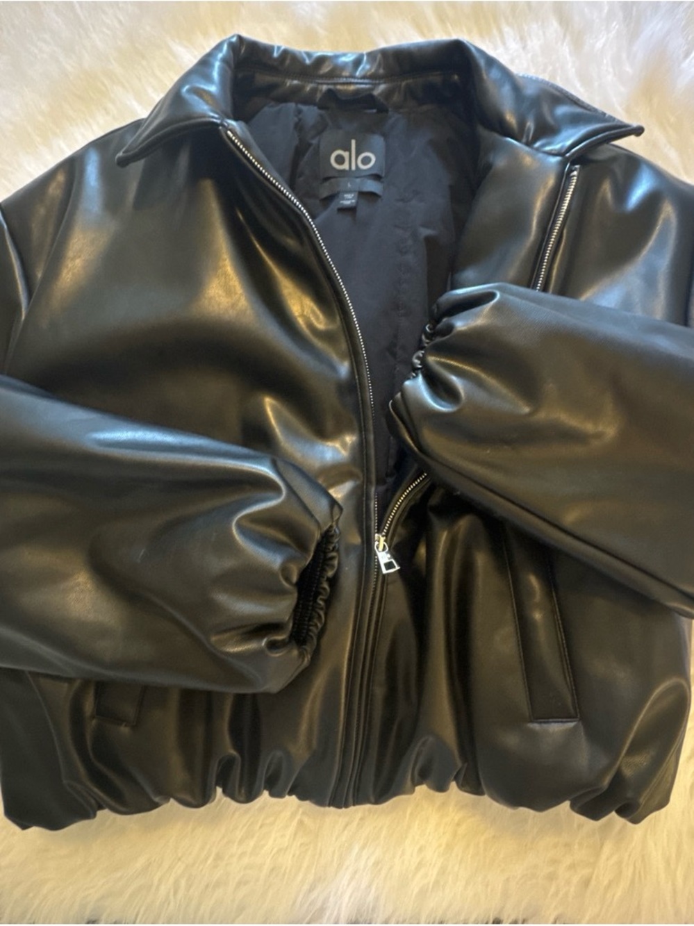 ALO Yoga Black Faux Leather Puffer Bomber Jacket